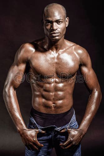 Handsome Black Man Naked With Jeans Isolated On Grey Stock Photo