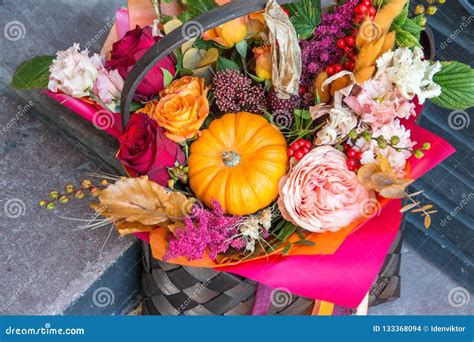 Red Orange Yellow Autumn Bouquet With Rose Flowers Fall Leaves And