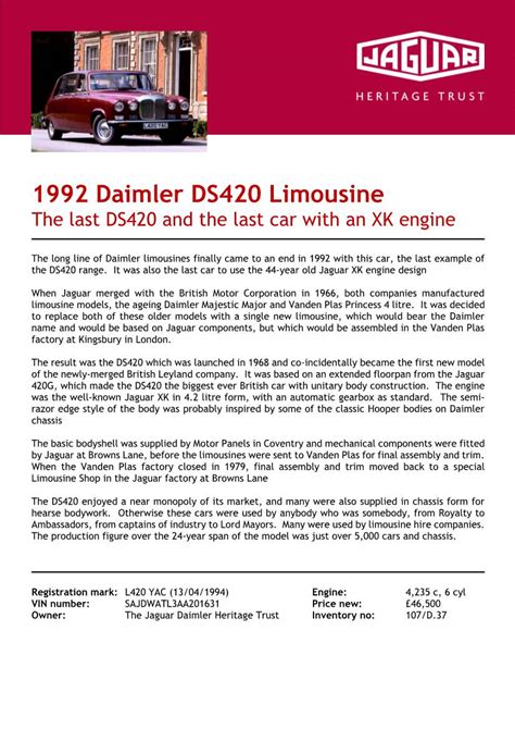 1992 Daimler DS420 Limousine The Last DS420 And The Last Car With An XK