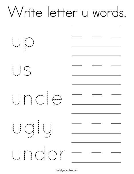 Write Letter U Words Coloring Page Twisty Noodle