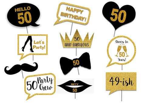 50th Birthday Printable Photo Booth Props Gold Black And White 50th