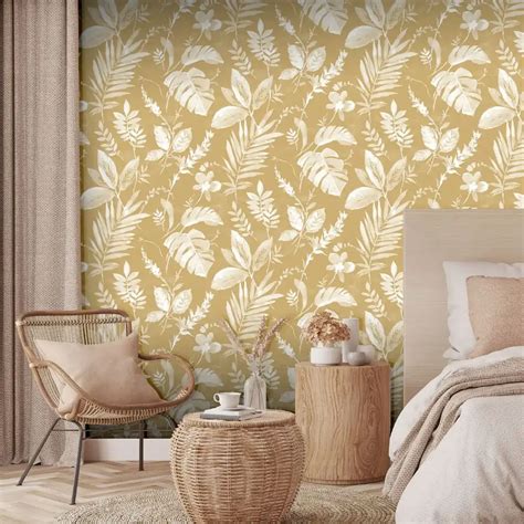 Eden Wallpaper Collection Tane Leaf Mustard Muriva L98902 Typical Style