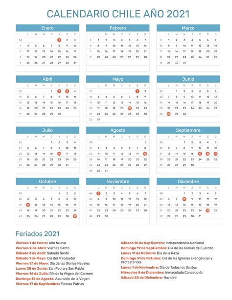 Imprimir Calendario 2021 Chile Con Feriados