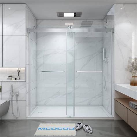 mcocod 60 in w x 76 in h double sliding frameless shower door in brushed nickel with soft