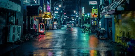 Ночной город переулок Япония Обои 3440x1440 Ultrawide Wqhd