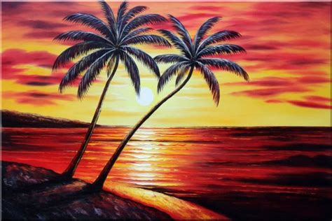 Coastal Palm Trees At Sunset In Hawaii Oil Painting Seascape America