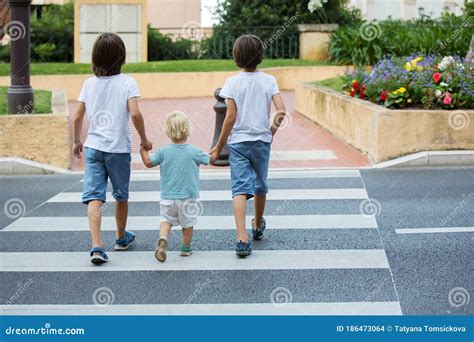 Three Children Boys Brothers Holding Hands And Crossing A Street On