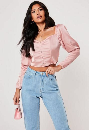 Pink Satin Puff Sleeve Corset Crop Top Missguided