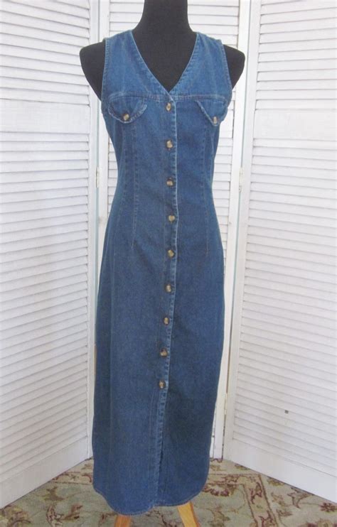 Vintage Denim Maxi Dress 90s Grunge Denim Dress Button Up