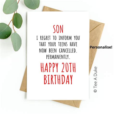 20th Birthday Card For Son Funny Son 20th Birthday Card 20 Birthday
