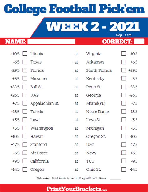 Printable Week 2 College Football Pickem Sheets 2020