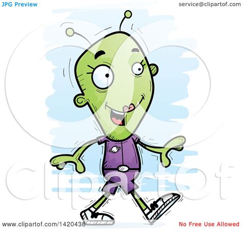 Clipart Of A Cartoon Doodled Female Alien Walking Royalty Free Vector