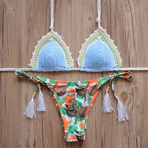 2016 Sexy Crochet Handmade Bikinis Set Halter Ladies Swimsuit Bodysuit