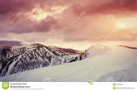 Magical Winter Snow Covered Tree Sunset In The Carpathians Stock Photo