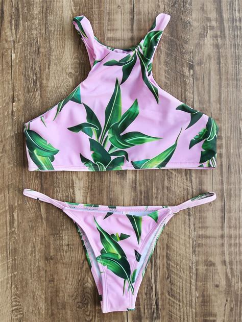 shop pink leaf print racer back bikini set online shein offers pink leaf print racer back