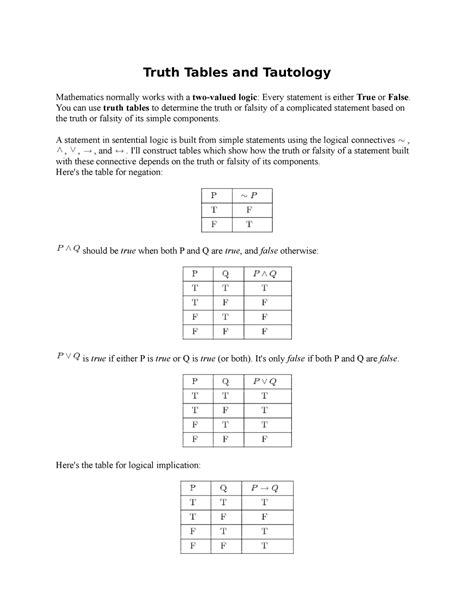Truth Tables And Tautology Truth Tables And Tautology Mathematics