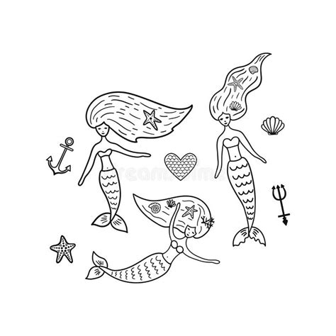 Set Of Underwater Doodle Elements Mermaids Seashell Starfish Heart