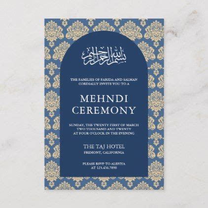 Create your own wedding invitation cards in minutes with our invitation maker. Elegant Blue Damask Arch Islamic Mehndi Ceremony Enclosure Card | Zazzle.com | Mehndi ceremony ...