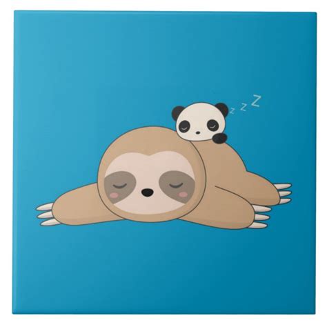 Cute Animated Sloth With Panda Bear Ceramic Tile