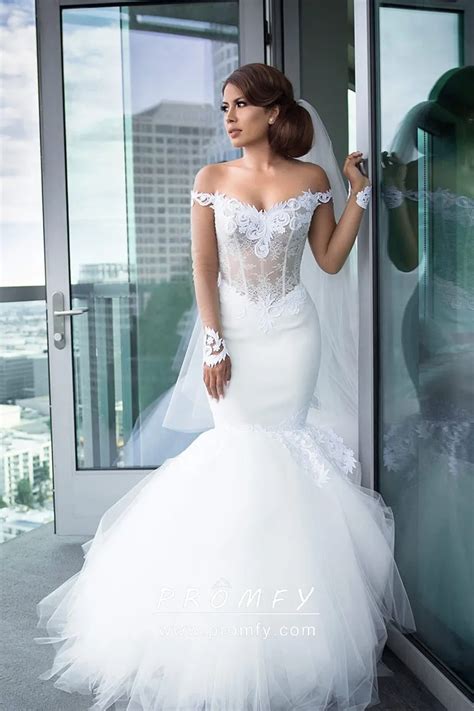 Illusion Off The Shoulder Long Trumpet Wedding Gown Promfy