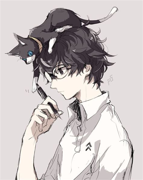 an anime character with a cat on his head holding a cell phone to his ear