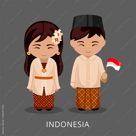 Indonesians In National Dress With A Flag Man And Woman In Traditional