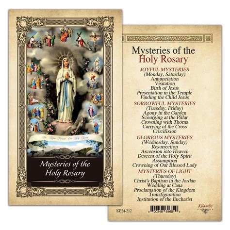 Mysteries Of The Holy Rosary Laminated Prayer Card With Gold Color My