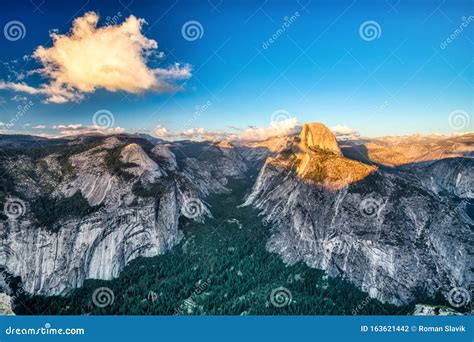 Yosemite Valley With Illuminated Half Dome At Sunset View From Glacier