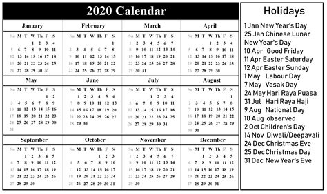 Federal Holidays 2020 Calendar Printable Calendar Printable Free