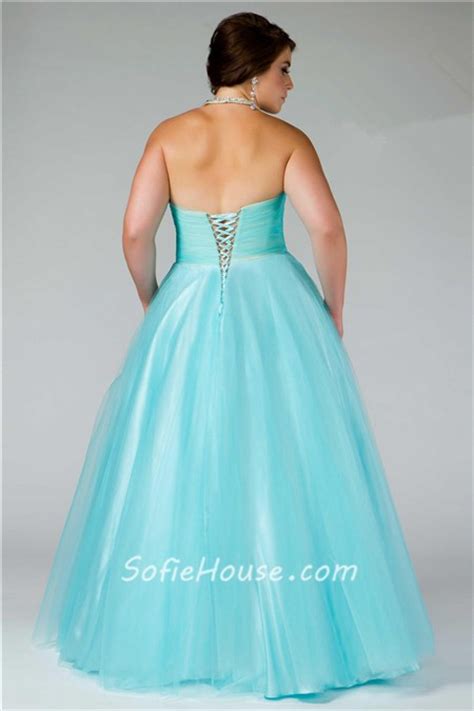 Ball Gown Halter Empire Waist Long Aqua Blue Beaded Plus Size Prom Dress