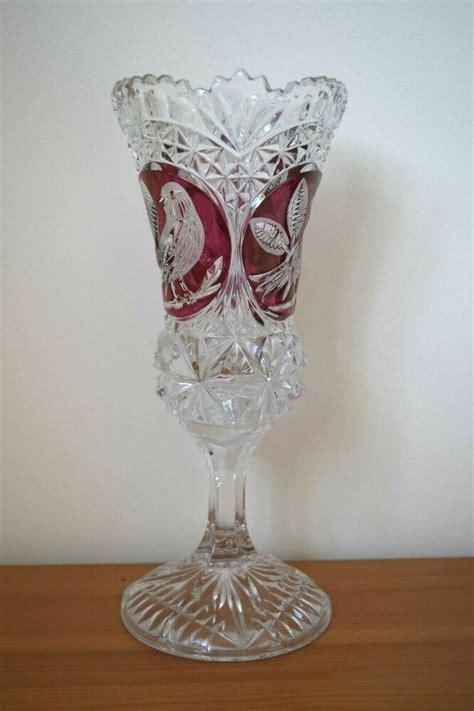 Magnificent Hofbauer Red Bird Byrdes German Lead Crystal Stemmed Vase Red Birds Lead Crystal