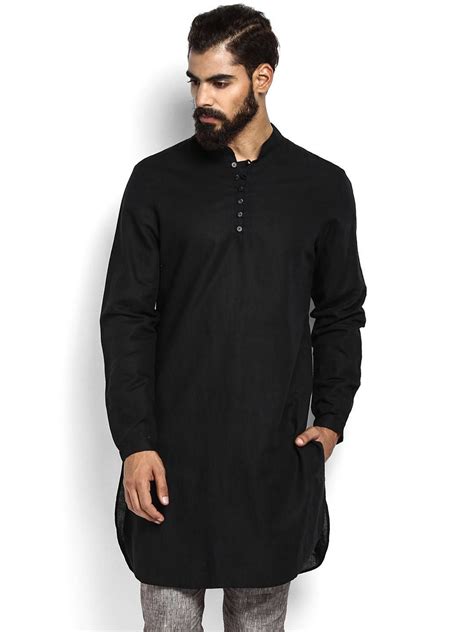Black Linen Tunic With Loop Buttons Long Sleeve Tshirt Men Linen