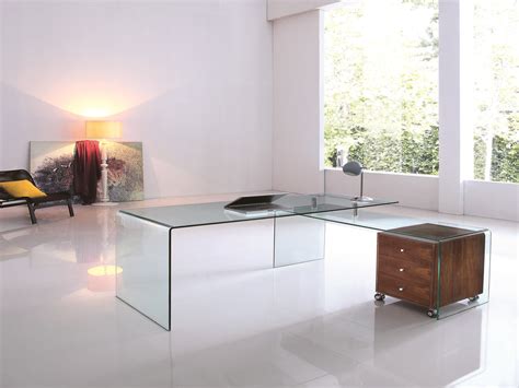 Ultra Modern L Shaped Glass Desk With Walnut Cabinet