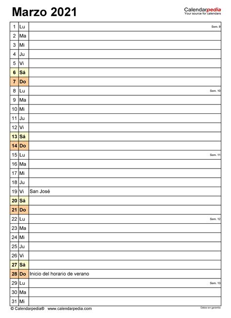 Calendario Marzo 2021 En Word Excel Y Pdf Calendarpedia