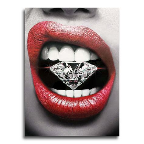 Sexy Girl Red Lips With Diamond Dollars Canvas Art Prints Black And