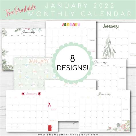 Free Printable January 2022 Monthly Calendars Shabby Mint Chic Party
