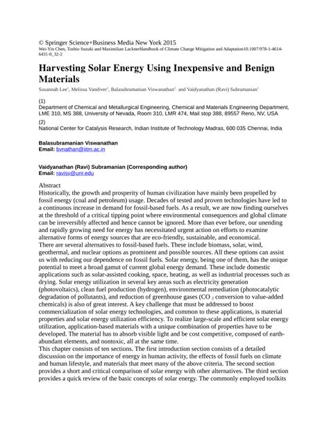 Pdf Harvesting Solar Energy Using Inexpensive And Benign Materials