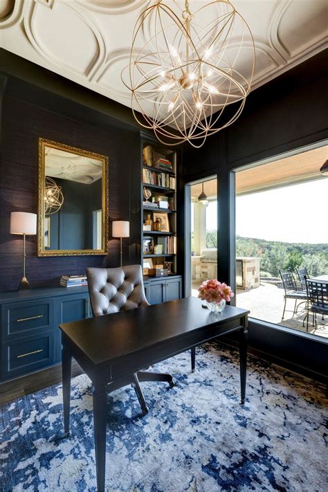 Contemporary Blue Home Office With Chandelier | HGTV