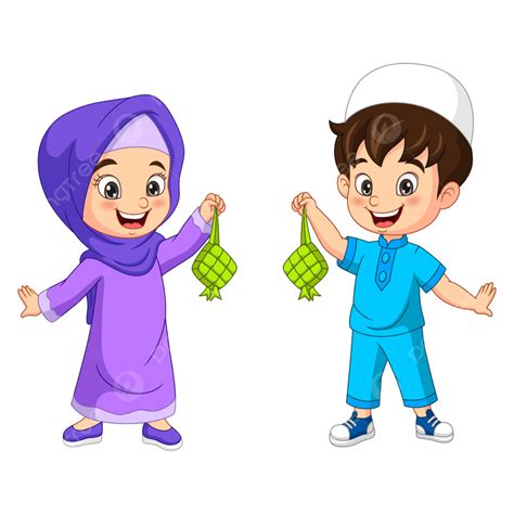 Ketupat Cartoon Clipart Png Images Happy Muslim Kids Cartoon Holding A