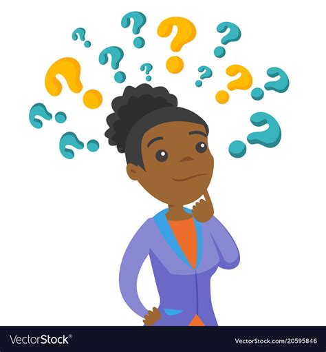 business woman thinking under question marks vector i