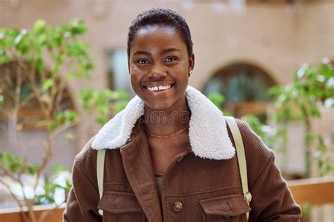 Happy Portrait And Black Woman Student At College Standing In An