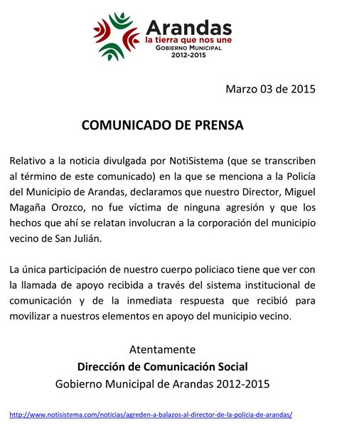 Comunicado De Prensa Del Ayuntamiento De Arandas Urgente