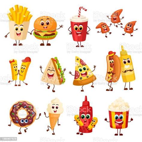 Funny Fast Food Characters Joyful Snack Sandwich And Drink Isolated