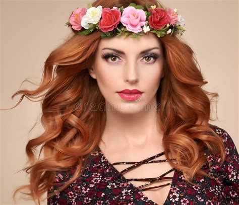 beautiful curly redhead in fashion flower wreath stock image image of playful accessories