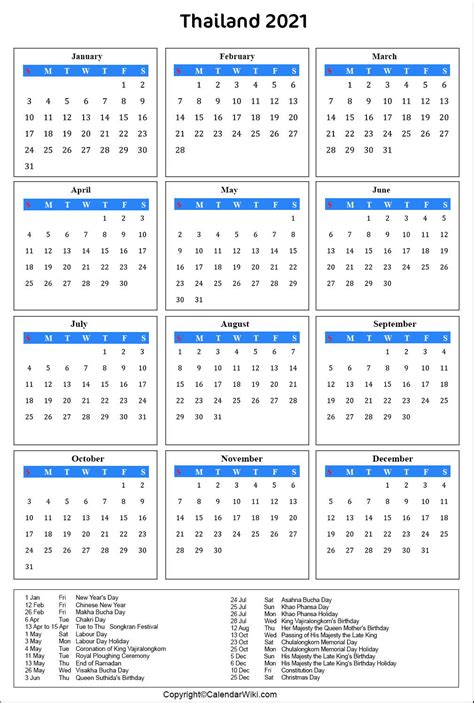 Printable Thailand Calendar 2021 With Holidays Public Holidays