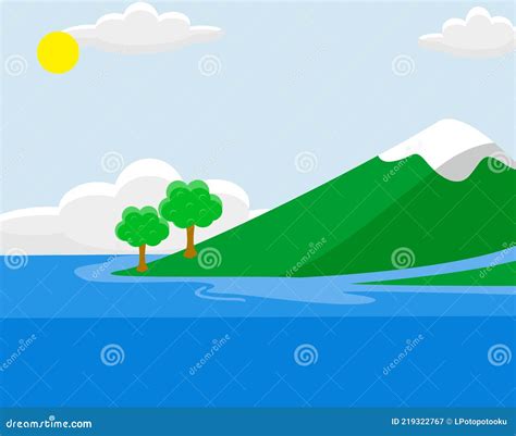 Illustration Of Landscape With Mountain And Blue Sky And Ocean Stock