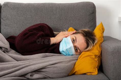 Sick Woman With Protective Mask At Home Stock Photo Image Of