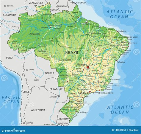 High Detailed Brazil Physical Map With Labeling Stock Vector
