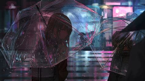 Hd Wallpaper Anime Art Anime Girl Rain Sadness City Night Rainy Rainy Day Wallpaper Flare