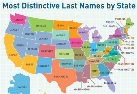 Us map with state names. Map Shows the Most Distinctive Last Names in Every State